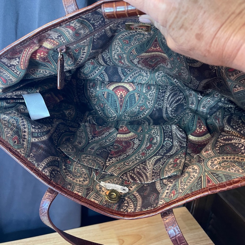 Talbots Hunting Dog Tapestry Tote Bag Brown Leather Trim Paisley Lining Large - Picture 4 of 10